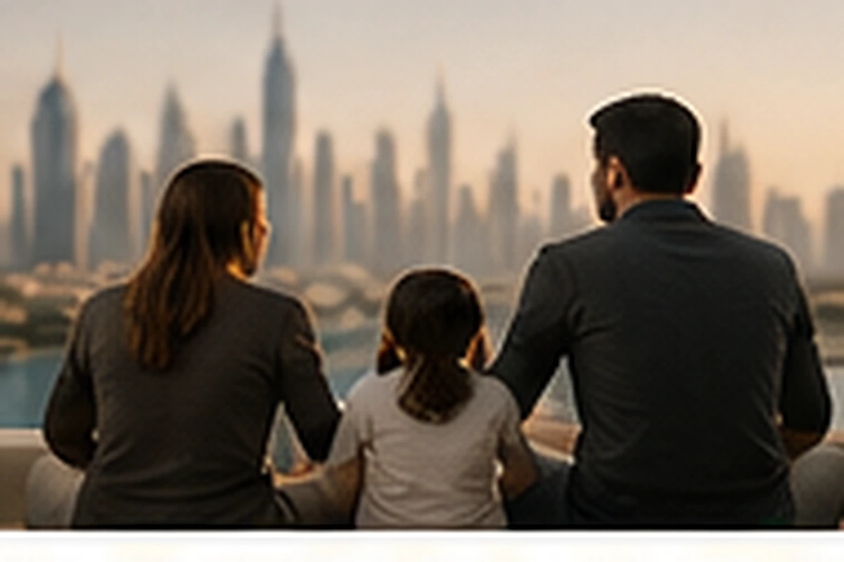 A concerned family member in a calm private call setting with Dubai city lights