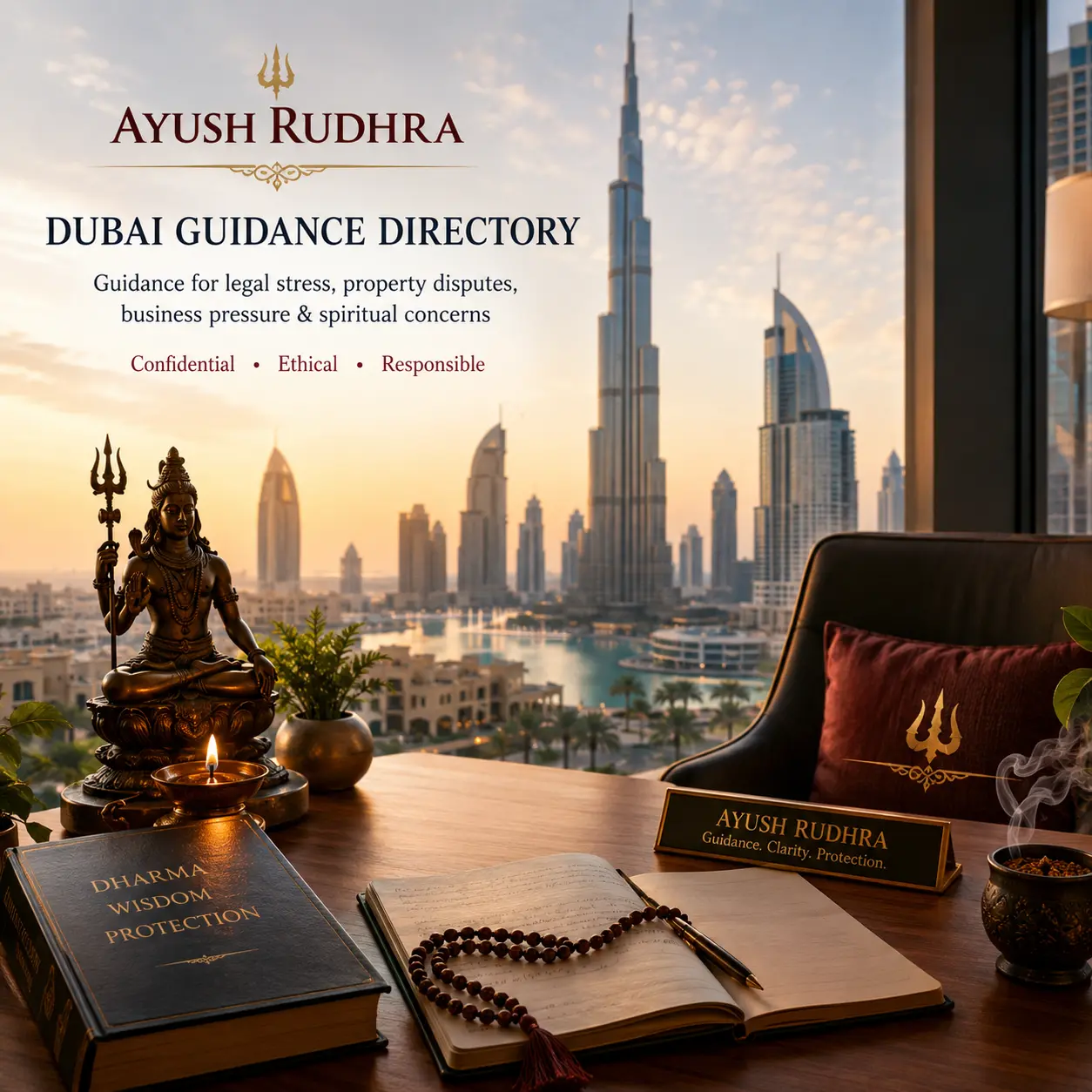 Dubai skyline and a calm private consultation setting