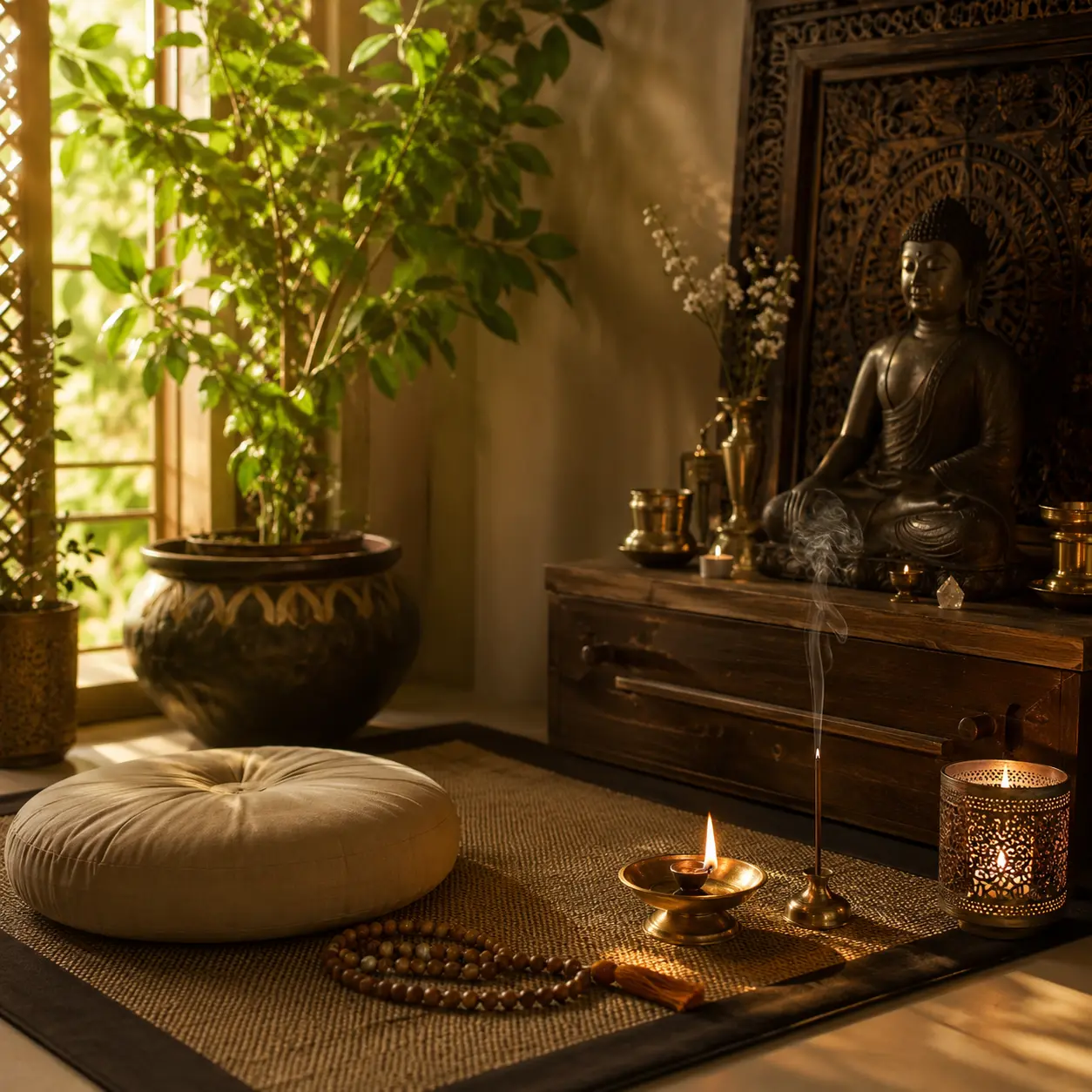 A peaceful personal prayer and reflection setting for spiritual protection