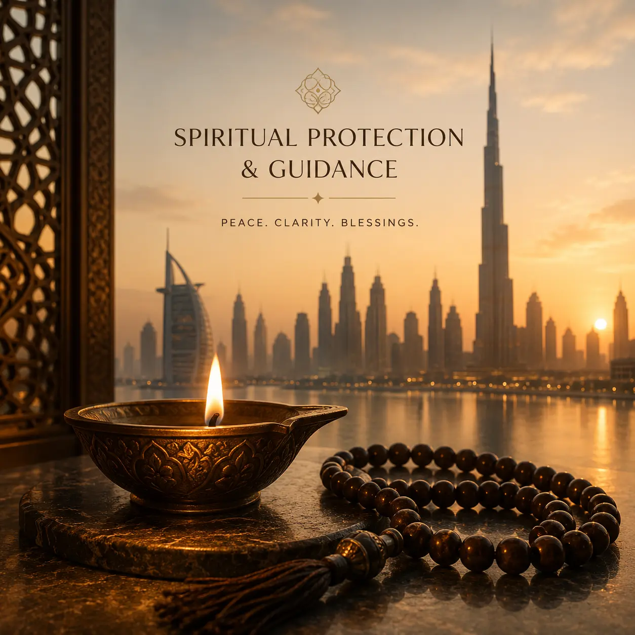 A calm diya and prayer beads with a subtle Dubai skyline in the background